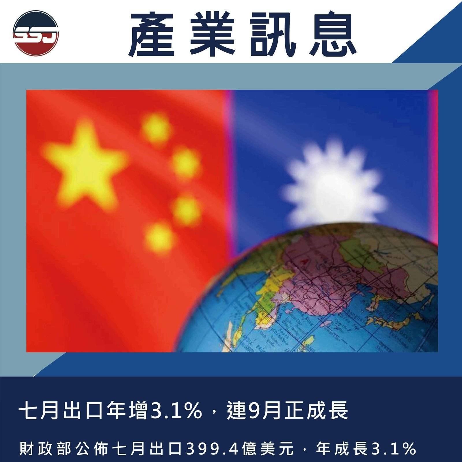 七月出口年增3.1%，連9月正成長